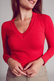 V Neck Fine Knit Jumper in Red