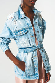 Distressed Denim Jacket With Belt in Light Wash