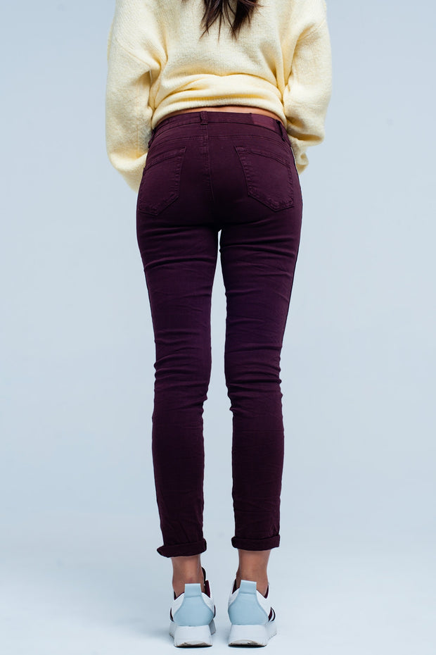 Maroon Skinny Jeans With Metal Side Stripe