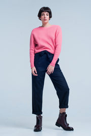 Pink Textured Sweater With Round Neck