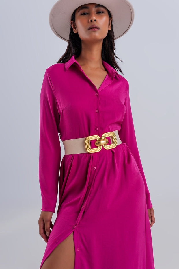 Slouchy Plunge Shirt Maxi Dress in Hot Fuchsia