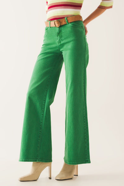 Cotton Blend Wide Leg Jeans in Green