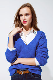 Soft Blue Jumper With Wide V-Neck