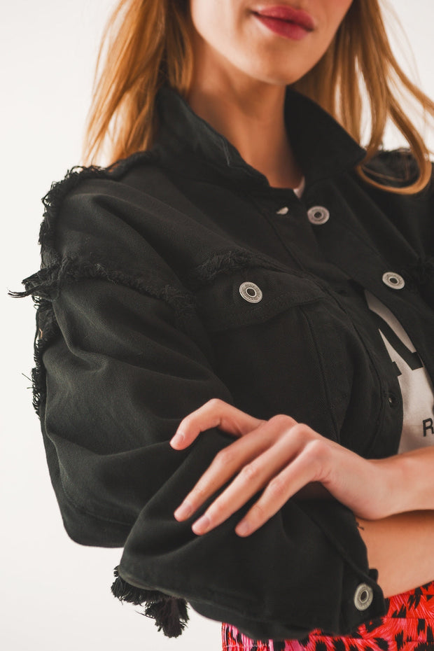 Cropped Denim Trucker Jacket in Black