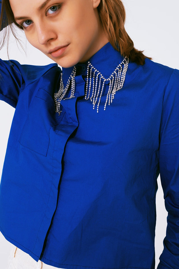 Shirt With Fringe Strass Collar in Blue