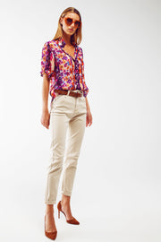 Button Down Shirt With Floral Print and Puff Short Sleeves