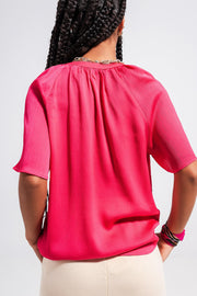 V Neck Short Sleeve Top in Fuchsia