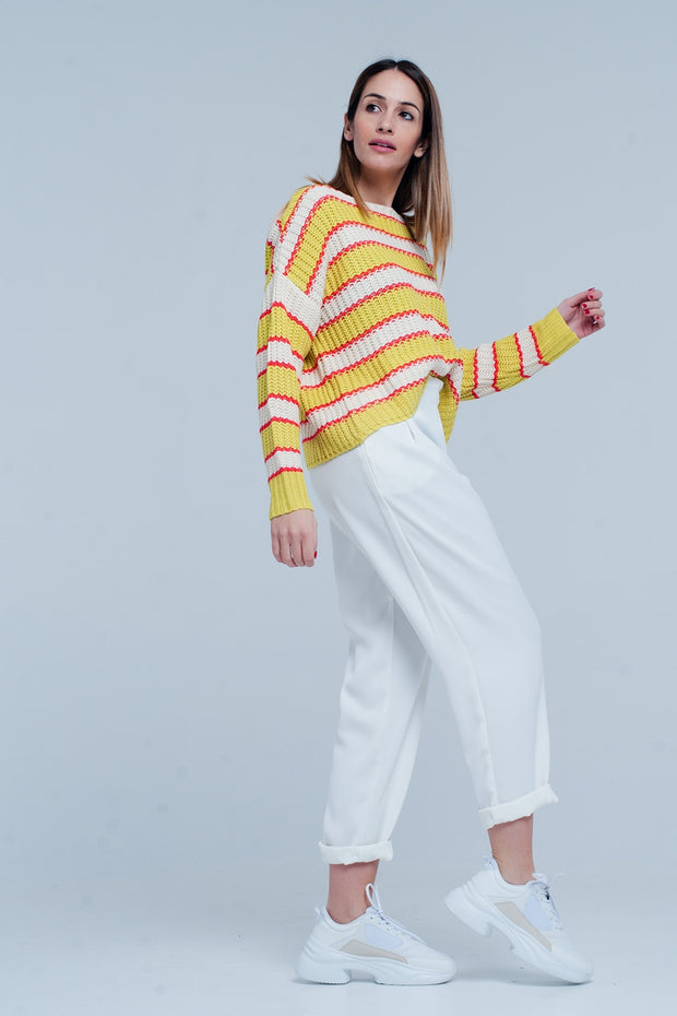 Yellow Striped Rib Stitch Knitted Sweater