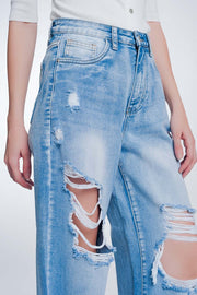 Wide Leg Cropped Raw Hem Jeans in Light Blue