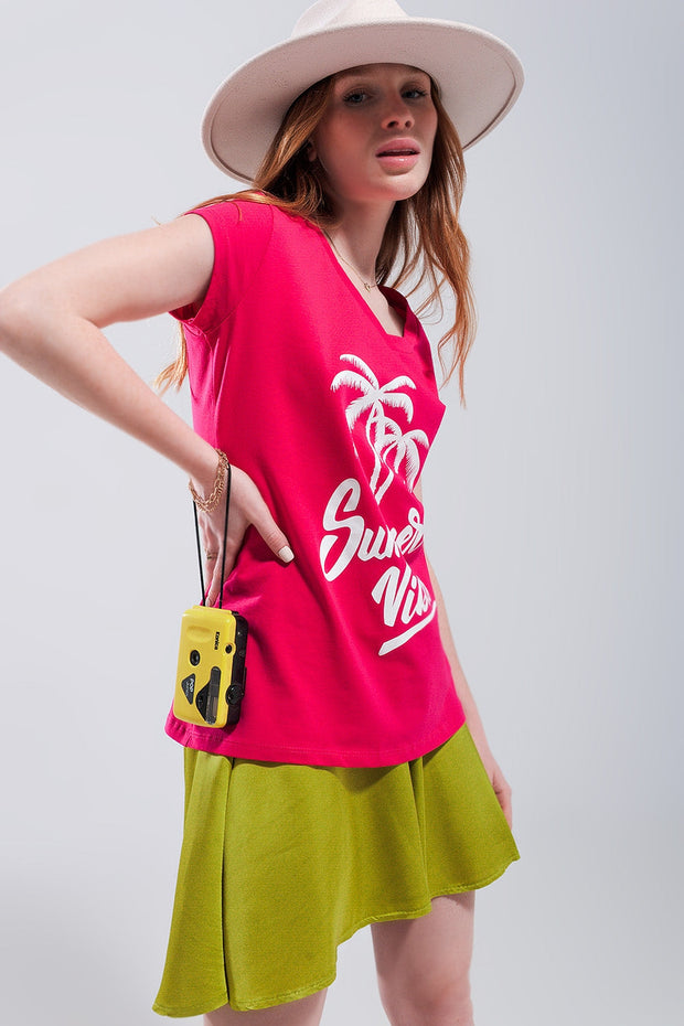 Summer Vibes Print T Shirt in Fuchsia