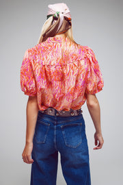 Oversized Button Down Shirt in Abstract Zebra Print in Orange and Fuchsia