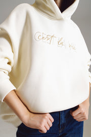 Cream Hoodie With Embroidered Cest La Vie Text