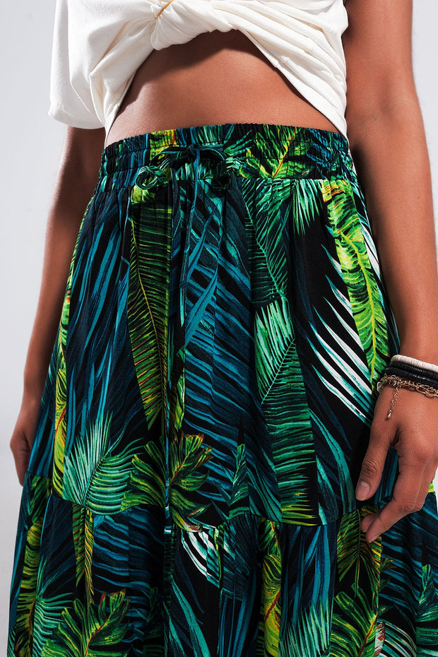 Maxi Tiered Skirt in Green Tropical Print