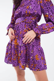 Short Printed Dress With Tiered Skirt and Ruffled Cuff in Purple