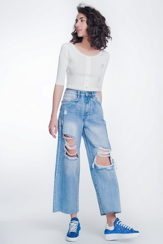 Wide Leg Cropped Raw Hem Jeans in Light Blue