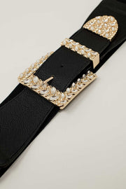 Black Elastic Belt With Buckle and Metal Tip With Rhinestones