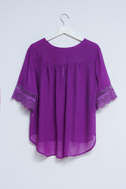 Broderie Tie Front Blouse in Purple