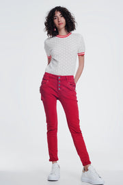 Red Boyfriend Jeans With Button Closure