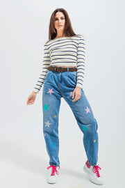 High Waist Slouch Jean With Pleat Front With Star Print