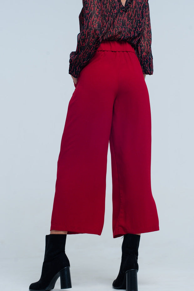 Red Wide Leg Culottes With Belt Detail