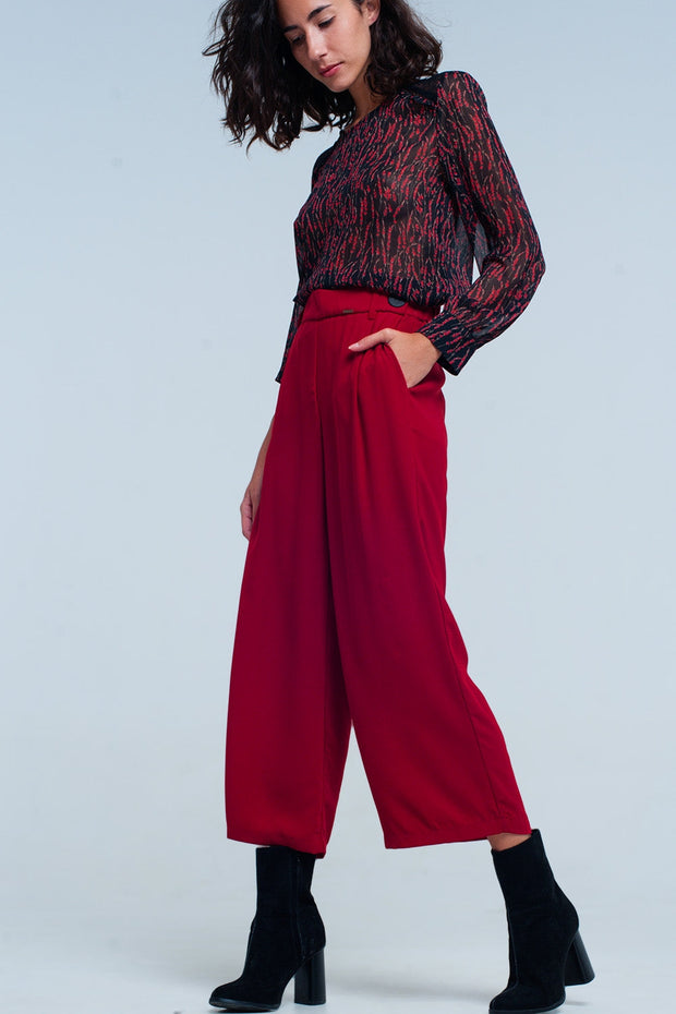 Red Wide Leg Culottes With Belt Detail