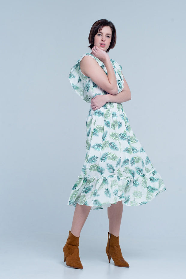 Green Printed Midi Dress With Ruches