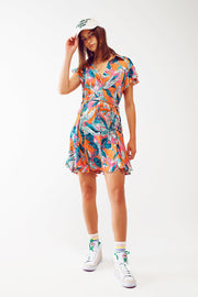 Belted Mini Shirt Dress With Floral Print in Orange