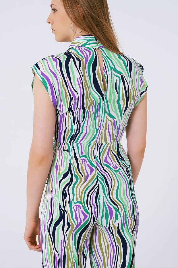 Jumpsuit With Smoking Collard in Multicolored Abstract Print