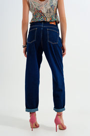 Relaxed Fit Pleat Front Jeans in Dark Blue