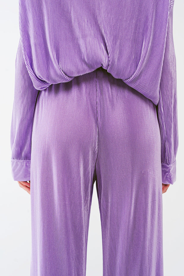 Satin Pleated Wide Leg Pants in Lilac