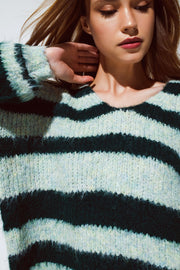 Oversized Green Stripy Fluffy Sweater With Balloon Sleeves