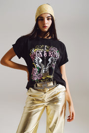 Vintage Rock and Roll Print T-Shirt in Black