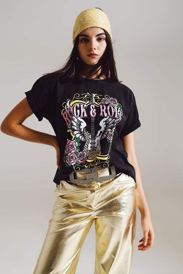 Vintage Rock and Roll Print T-Shirt in Black