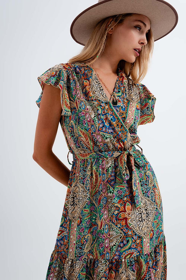 Dressed Ruffle Hem Midaxi Dress in Paisley Print in Green