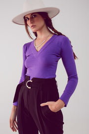 V Neck Fine Knit Jumper in Purple