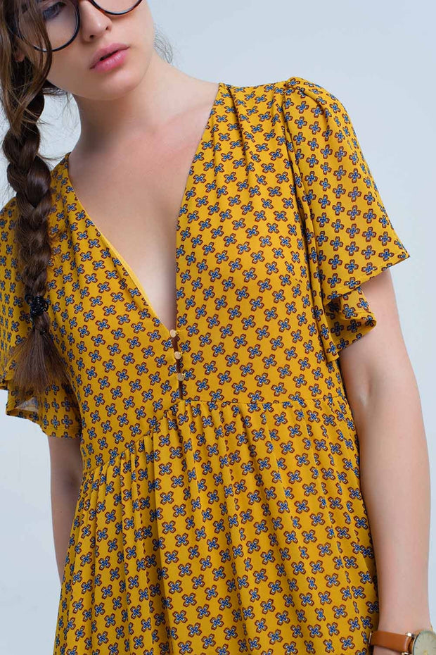 Yellow Dress With Flight and Geometric Pattern