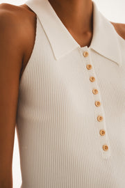 Ribbed Knitted Top With Polo Neck in Cream