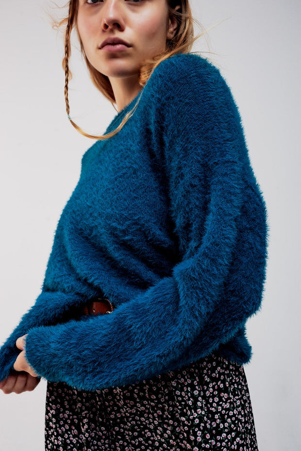 Fluffy Knit Jumper in Blue