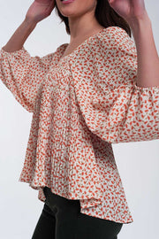 Puff Sleeve Top With Square Neck in Coral Floral Print