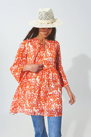 Floral Mini Dress With v Neck in Orange