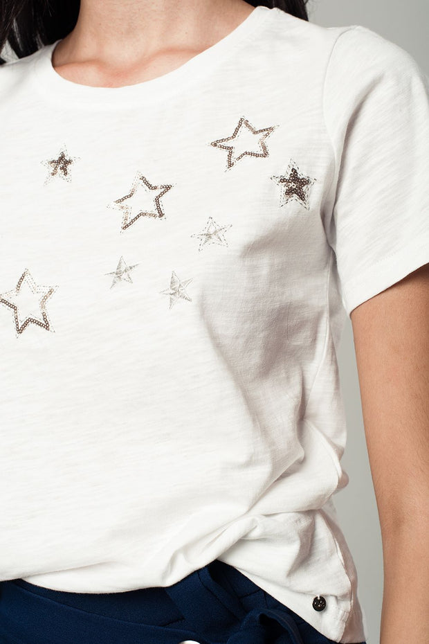 White T-Shirt With Embroidered Stars Detail