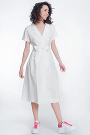 White Poplin Shirt Dress With Belt and Short Sleeve