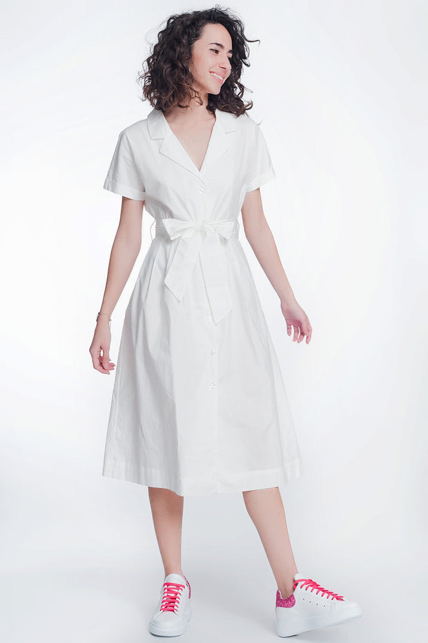 White Poplin Shirt Dress With Belt and Short Sleeve