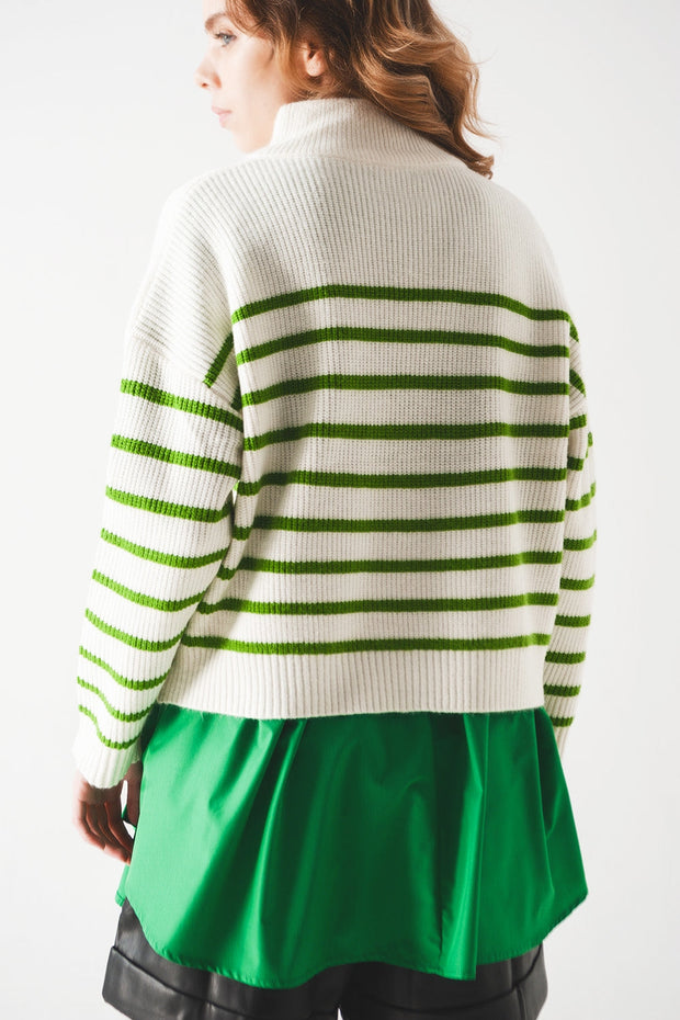 Striped Zip Up Collar Detail Sweater in Green