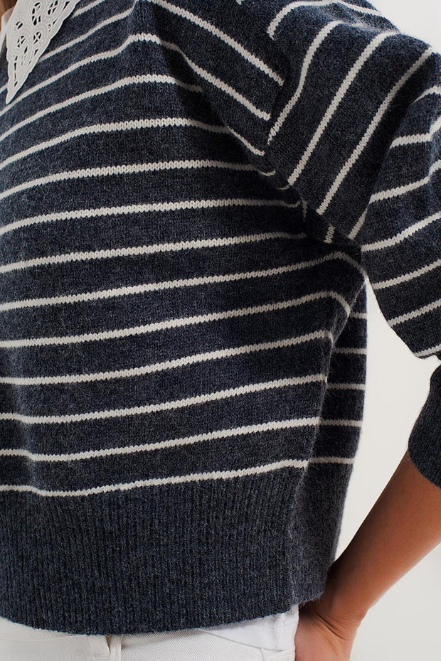 Striped Knitted Sweater With Wrangler Sleeves Blue and White