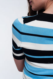 Crew Neck Boxy Jumper With Multi Stripes in Blue