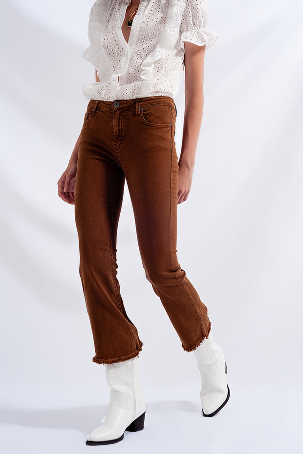 High Rise Raw Hem Flared Jeans in Brown