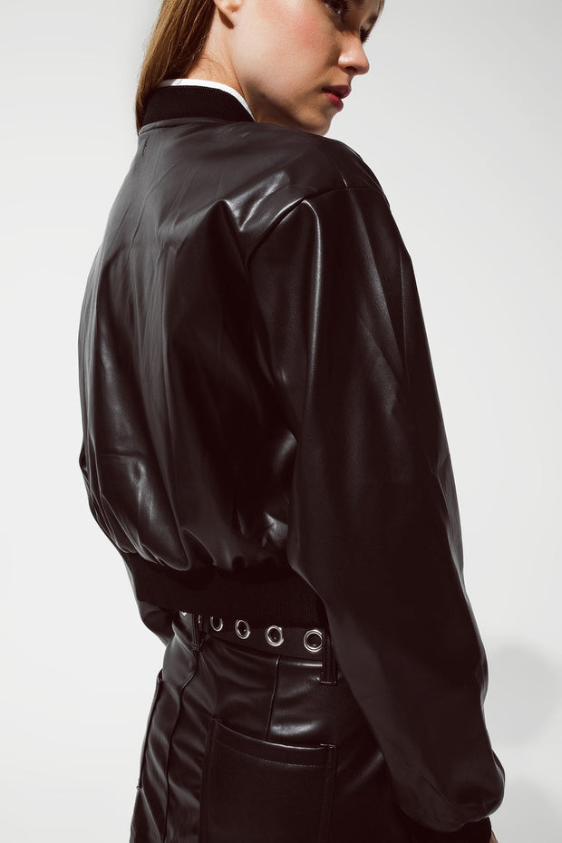 Metallic Bomber Jacket With Front Pockets in Black