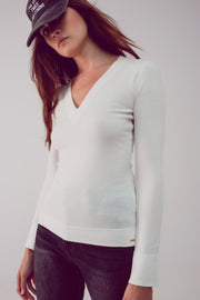 V Neck Fine Knit Jumper in Cream