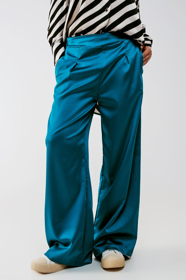 Wide Leg Satin Pants in Blue